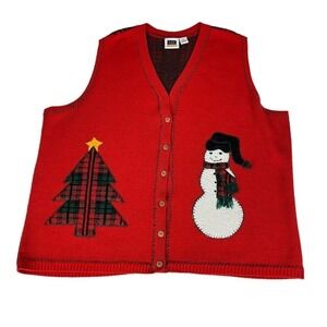 CST Sport Sweater‎ Vest Womens 1X Red Christmas Tree Snowman Knit Holiday Top